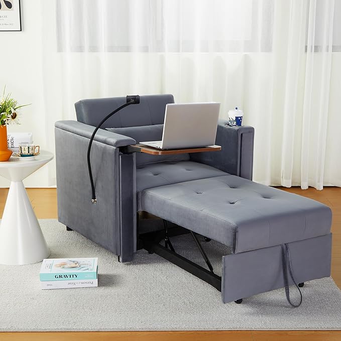 Velvet Convertible Chair Bed, 3 in 1 Multi-Functional Lounge Chair Sleeper, Pull Out Couch Guest Bed with Hidden Table and Adjustable Backrest for Living Room Small Space Apartment (Gray)
