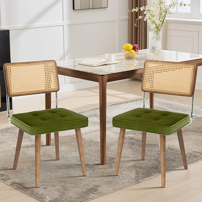 GarveeHome Natural Rattan Dining Chairs Set of 6, Velvet Upholstered Kitchen Chairs with Tall Cane Backrest and Strong Wood Legs for Dining Room, Kitchen, Restaurant, Green