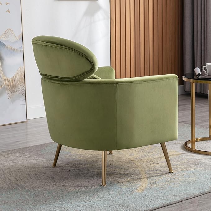 DM Furniture Velvet Accent Chair Set of 2 Comfy Living Room Chair Slipper Chair Mid Century Single Sofa Arm Chair with Golden Legs and Pillow for Bedroom/Guest Room, Olive Green