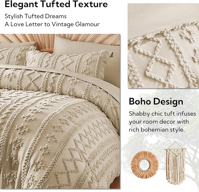 MR&HM Tufted Boho Comforter Set Full Size, Linen Farmhouse Bedding Set, Bed in a Bag Set 7 Pieces with 1 Comforter, 2 Pillow Shams, 2 Pillowcases, 1 Flat Sheet, 1 Fitted Sheet for All Seasons