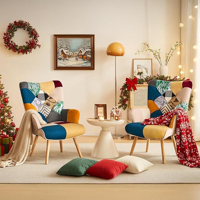 Accent Chair, Living Room Chair, Modern High Back Armchair, Colorful Patchwork Reading Chairs for Bedroom, Lounge Chair with Linen Fabric Shell and Solid Wood Feets (2, Colorful)