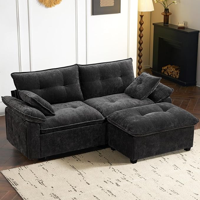 PALLOME 82" Deep Seat Comfy Cloud Couch, Modular Sectional Sofa with Movable Ottoman, L Shaped Chenille Sofa for Small Space, Modern Apartment Living Room & Office (Grey, 2-Seat + Ottoman)