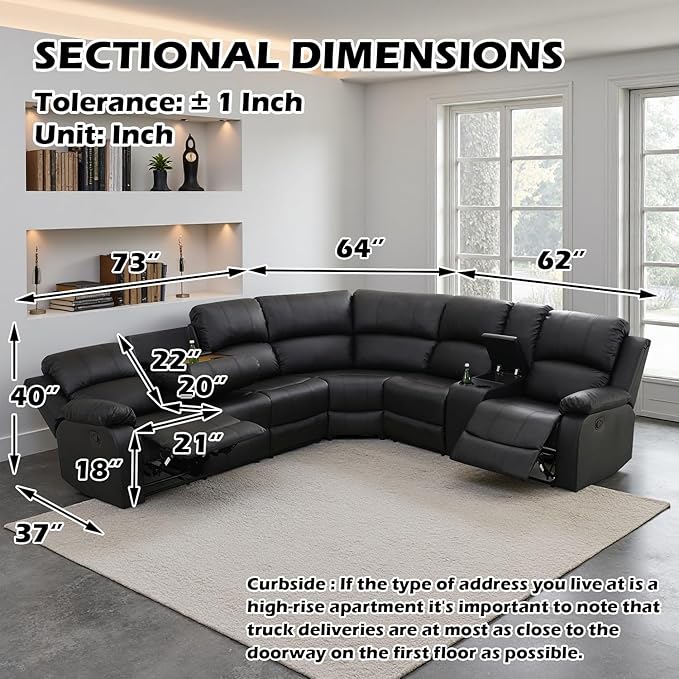 SIENWIEY Manual Leather Recliner Sectional Sofa for Living Room,L Shaped Reclining Sectional Corner Couch with Sofa,Black Recliner Sofa Set with Storage Console/Drop Down Coffee Table/Cup Holders