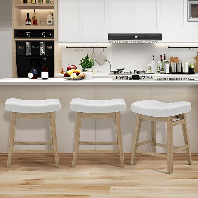 RNKSFX White Bar Stool for Kitchen Counter Island Counter Height Farmhouse Modern Barstool with Faux Leather Upholstered Backless Seat and Solid Wood Legs 24 inch Bar Chair