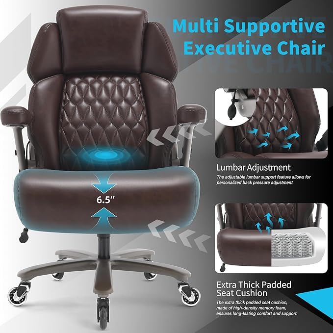 Big and Tall Office Chair 700lbs - Adjustable Headrest&Lumbar Support, 3D Flip Arms, Large Wheels &Heavy Duty Metal Base, Ergonomic High Back Computer Chair Desk Chair, Thick Padded Extra Wide Seat