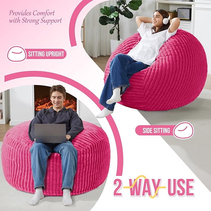 Homguava 3 FT Bean Bag Chair,3' Big Bean Bag,Large Bean Bag Chairs for Adults with Memory Foam Filled,Comfy Beanbag Chairs Soft Bean Bag Sofa with Dutch Corded Plush Cover-Pink