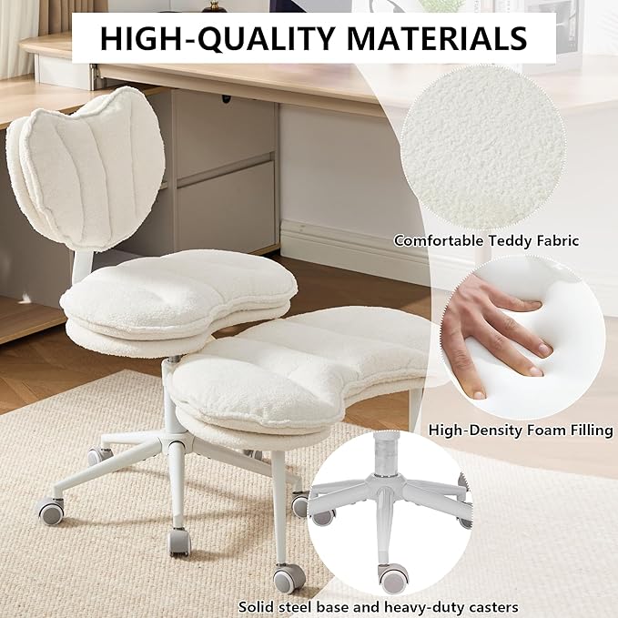 Meditation Chair with Lumbar Support,360° Swivel Cross Legged Chair with Wheels, Ergonomic Cross Legged Office Chair for Adults with ADHD, Height-Adjustable, Double Layer Design,Teddy Fabric, Ivory