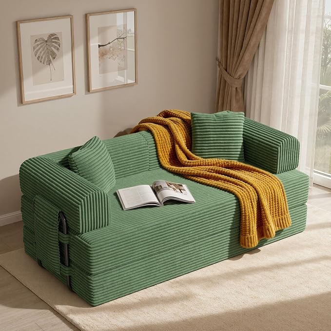Convertible Coarser Corduroy Sleeper Sofa Bed with Cylindrical Pillow, Folding Mattress Couch with Fixed-Shape Frame, Floor Sofa Lounge Couch for Living Room Bedroom Lounge Studio, Green