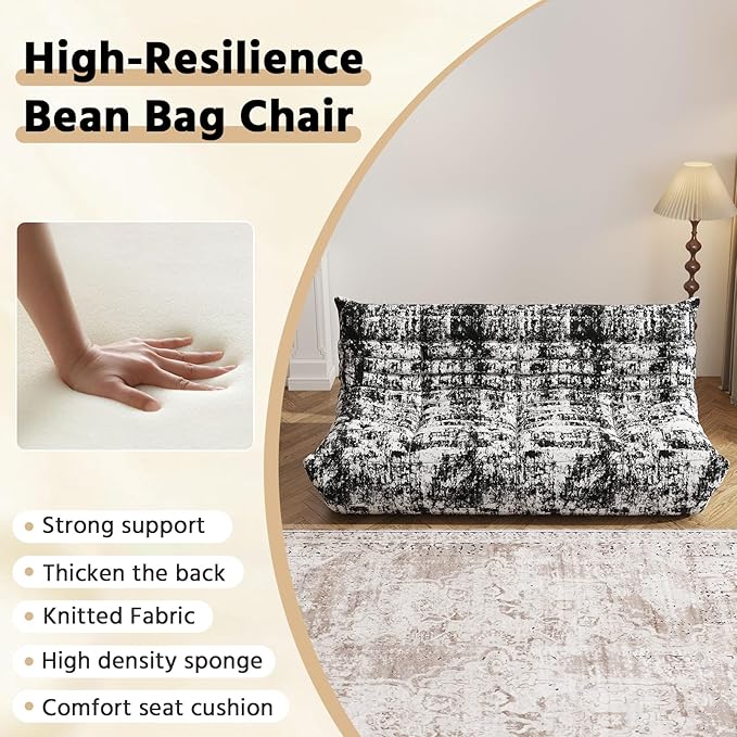 Bean Bag Chair, Fireside Chair, Large Bean Bag Chair for Adults, Bean Bag Chairs for Teens with High-Resilience Foam, Non-Slip Base Floor Lounge Sofa,Living Room (Cross White-Black, 3-Seater)