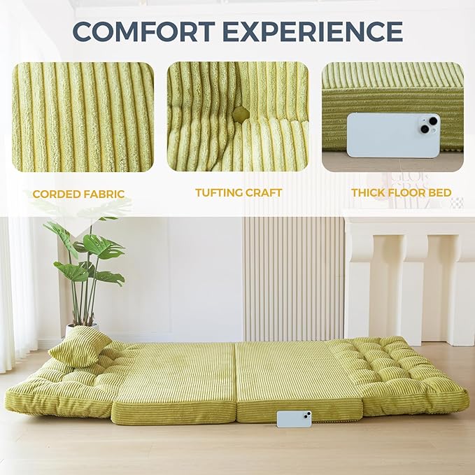 MAXYOYO Bean Bag Bed Tufted Folding Sofa Bed with Pillows Floor Mattress for Adults, Extra Thick and Long Floor Sofa, Twin Couch for Bedroom Living Room, Green, 39x91 Inch