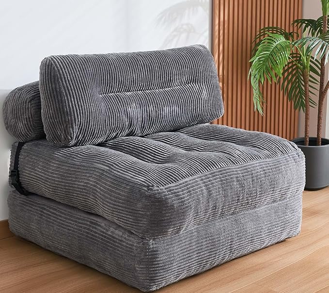 Folding Sofa Bed, Convertible Sleeper Chair Couch Bed Faux Rabbit Fur for Adults, with Back Support Floor Couch Comfy Floor Sofa for Living Room Bedroom, Dark Grey, Single