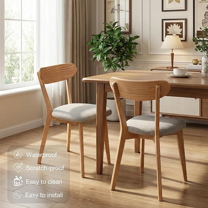 Bamskov 100% Solid Oak Wooden Dining Chairs - Practical Kitchen Chairs with Upholstered Cushion - Wood Chair for Dining Room, Kitchen (1, Natural with Grey Cushion)