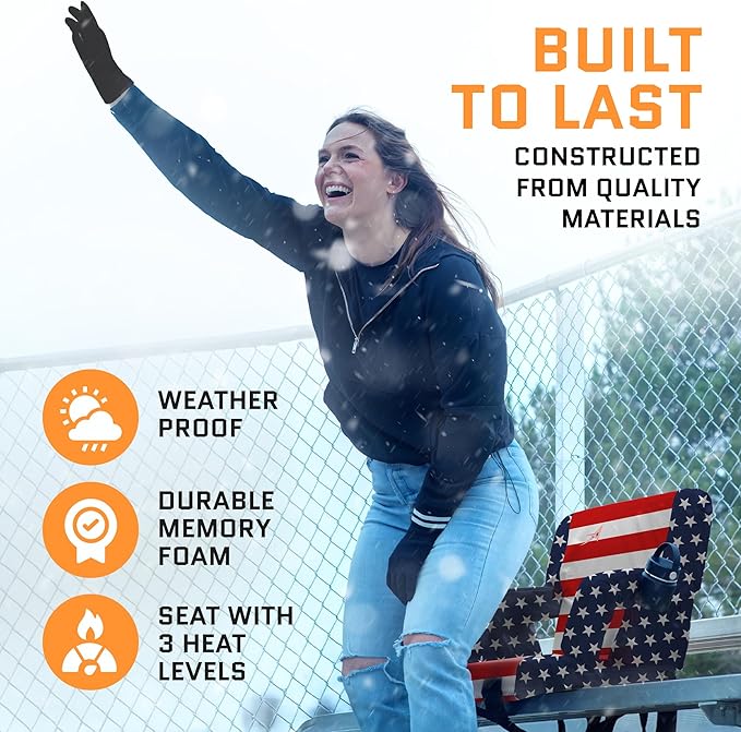Heated Stadium Seats for Bleachers with Back Support – USB Battery Included - Upgraded 3 Levels of Heat - Foldable Chair - 4 Pockets for Snacks, Cup Holder - for Camping, Games & Sports (USA Flag)