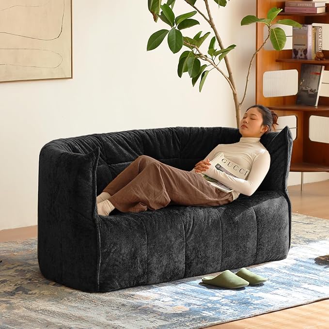 N&V Mid Century Brigantin Deep Relaxation Sofa, Soft Premium Chenille, for Living Room Bedroom and Office (Black, ThreeSeater)