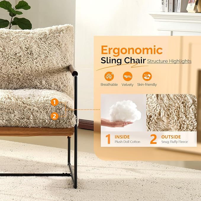 VINGLI 28" Wide Plush Upholstery Sling Modern Accent Chair Set of 2, Cute Reading Armchair with Removable Seat Cushion & Tan Microfiber Seat Base, Lazy Chair for Bedroom & Lounge, Beige