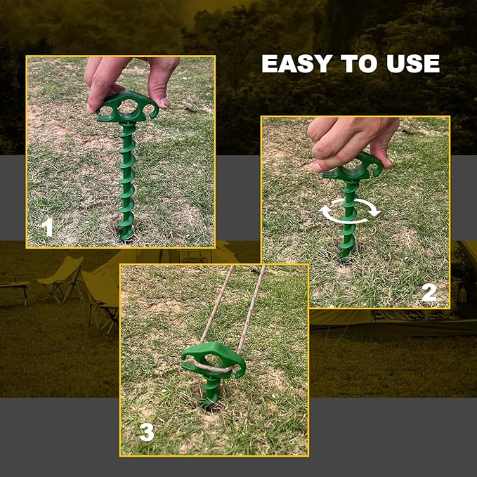 COBARYEN Tent Stakes Ground Anchors Screw in, 16 Pack Sand Stakes for Beach 9.4 Inch Heavy Duty Spiral Tent Pegs for Camping, Party, Hiking, Outdoor Decoration (16, Green)