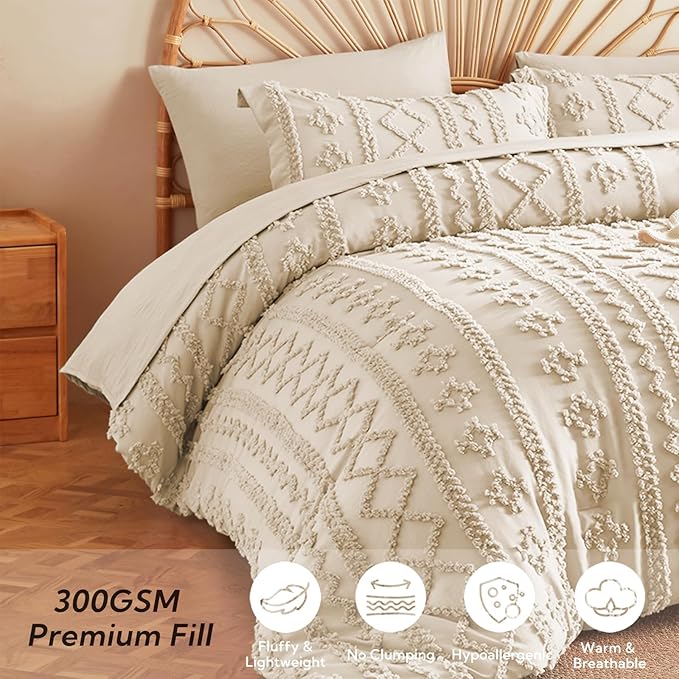 MR&HM Twin XL Comforter Set Beige, 5 Pieces Tufted Boho Beddding Sets, Farmhouse Style Bed in a Bag with 1 Comforter, 1 Pillow Sham, 1 Pillowcase, 1 Flat Sheet, 1 Fitted Sheet for College Dorm