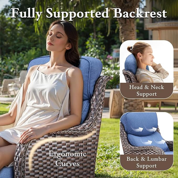 moosprr Luxury High Back Outdoor Furniture with 6-inch Extra Thick Cushions, Patio Furniture Set with Swivel Chairs, 5 PCS Wicker Conversation Set for Yard, Patio, Deck, Poolside, Brown/Blue
