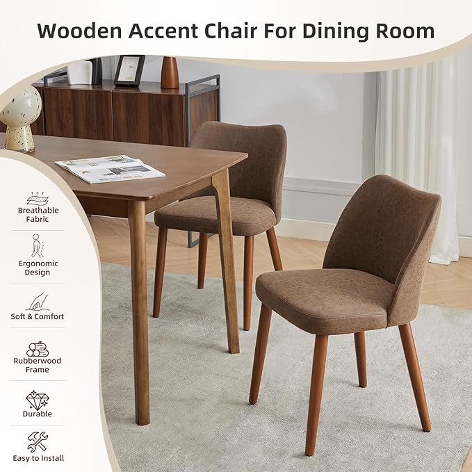 ElfinAura Dining Chair Set of 6, Leather Upholstered Dining Chair with Wood Legs, Wing Backrest, Wooden Kitchen Chair, Kitchen Chairs with Thick Cushions for Dining Room, Living Room, Taupe
