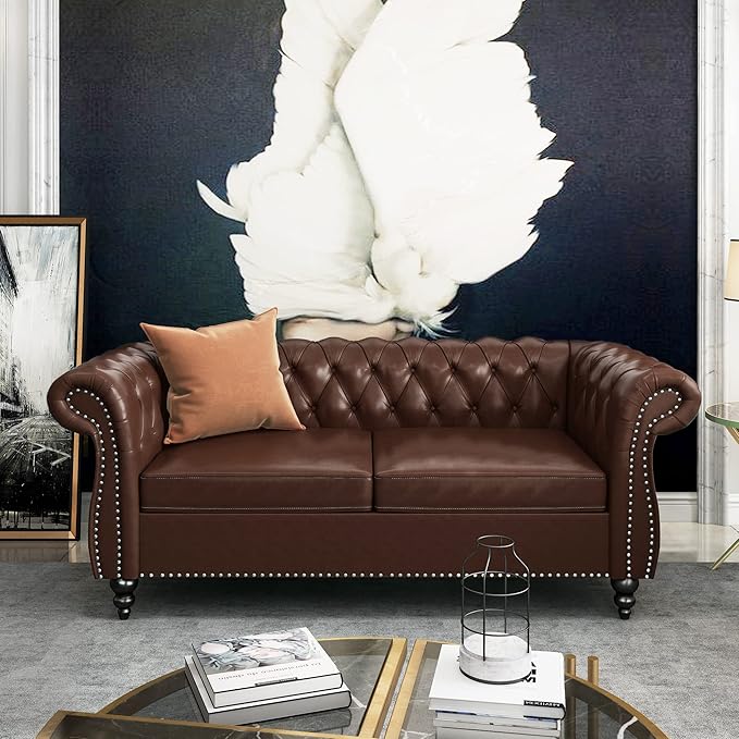 QHITTY Chesterfield Loveseat, Accent Sofa Modern Leather Couch Upholstered Sofa with Tufted Back for Living Room Furniture (Dark Brown)