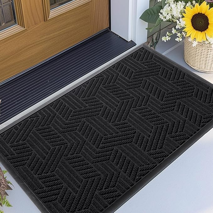 XADP Front Door Mat 36"x24" Indoors Outdoors Welcome Mats, Waterproof Non-Slip Rubber Backing Heavy Duty Doormat Outside Entrance, Low Profile Entryway Rugs Floor Mat for Patio, Pattern B Black