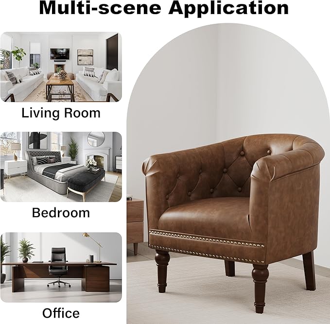 DREAMSIDEA Accent Chair, Upholstered Faux Leather Barrel Chair with Nailed Trim, Comfy Club Armchair for Reading Living Room Bedroom Waiting Room (Rust, Set of 1)