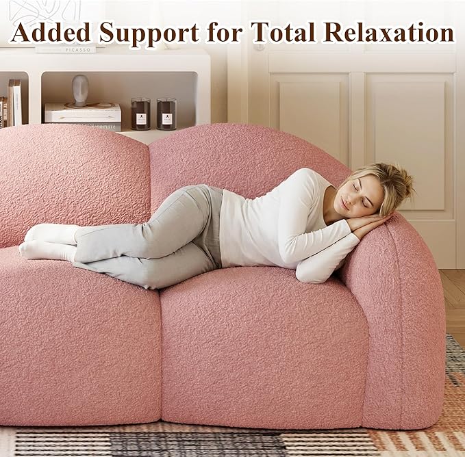 WJShome 90" Boneless Cloud Couch, Modern Curved Upholstered Boucle Sofa, Deep Seat Cozy 3 Seater Sofa, Plush Teddy Velvet Couches for Living Room, Bedroom, Apartment (Pink)