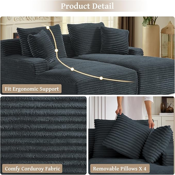 VEPXXP 80" Double Chaise Lounge Chair Indoor, Oversized Boneless Couch Comfy Upholstered Sleeper Sofa Bed with 4 Pillows, Corduroy Cloud Loveseat Chair for Living Room No Assembly Required, Dark Grey