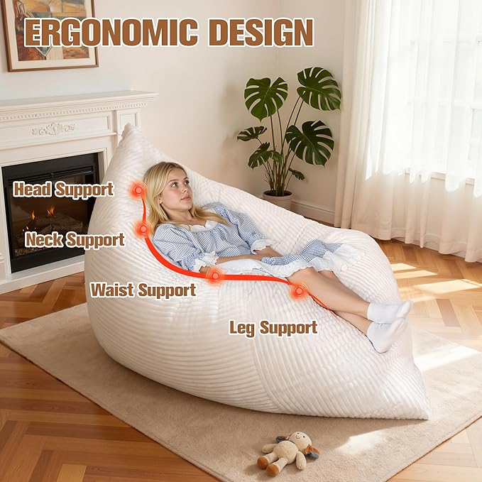 nalone 4-in-1 Giant Bean Bag Chair for Adults, 6.4 FT Memory Foam Filled Beanbag Chair, Floor Sofa Bed with Fluffy Washable Flannel Cover, Lounge Couch for Bedroom, Living Room (White)
