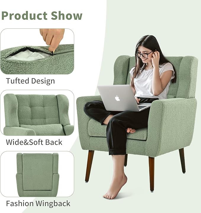 CHSICFOR Modern Accent Chair, Upholstered Arm Chair with Waist Pillow, Single Sofa Chair for Living Room Bedroom Small Spaces (Light Green)