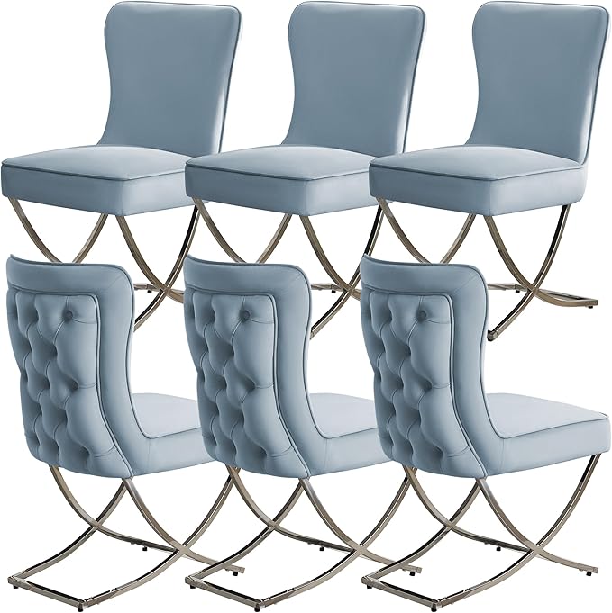 WUTUTUEE Luxury Velvet Dining Chairs, Tufted Upholstered Armless Accent Chairs with Silver Metal X-Legs, Modern Glam Dining Room Chair Set of 6, Light Blue