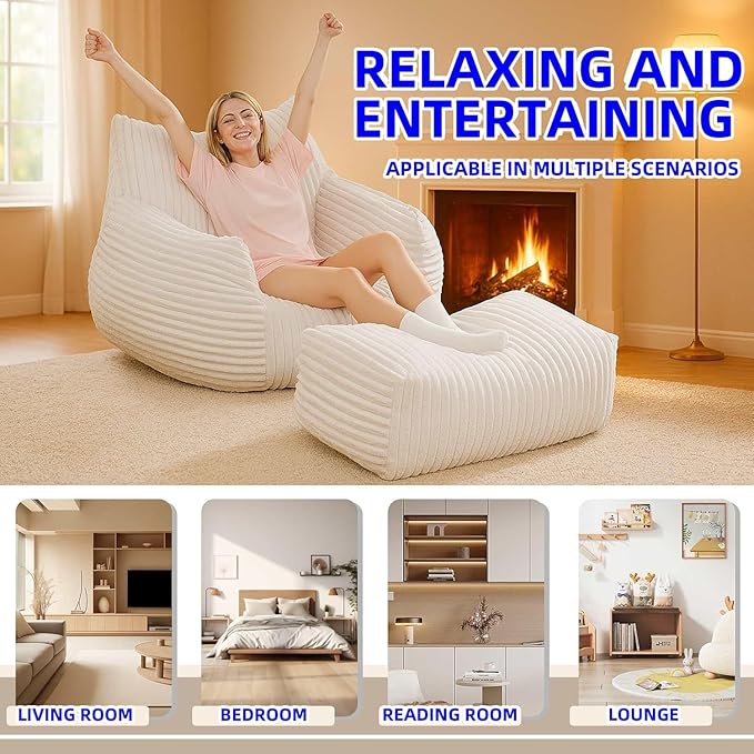 Bean Bag Chair for Adults with Armrest - Ultra Plush Memory Foam Lounge Sofa & Oversized Comfy Chair for Bedroom, Living Room & Dorm (Beige, with Pedals)