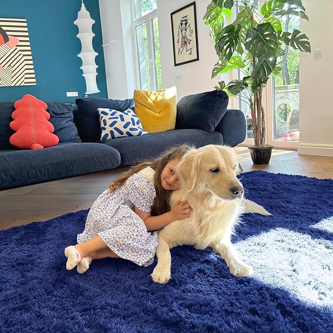 OLANLY 2x3 Machine Washable Small Bedside Rug, Soft Fluffy Shaggy Entryway Throw Rugs for Bedroom, Living Room, Indoor Floor Carpet for Kids Girls Boys, Nursery Rooms, Home Decor Aesthetic, Navy Blue
