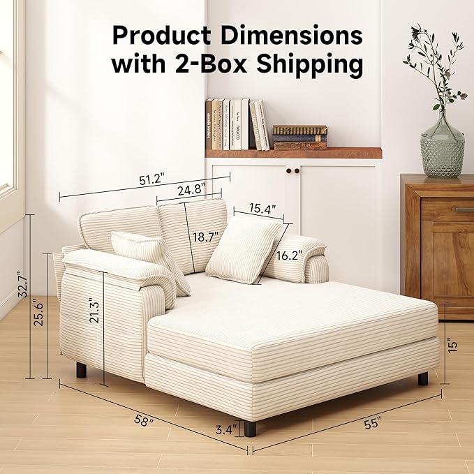 Winlice 58'' Chaise Lounge Chair Indoor, Oversized Corduroy Wooden and Iron Frame Sofa Bed, Comfy Upholstered Lounge Sleeper Couch with 4 Storage Pockets for Living Room, Sunroom, Study, Beige