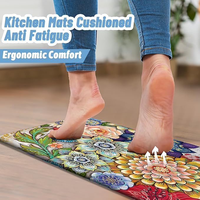 Floral Kitchen Runner Rug Mat for Floor Boho Cushioned Anti-Fatigue Mat Non-Slip Standing Desk Waterproof Comfort Floor Mat for Sink, Office, Laundry, 17.3x47 Inch
