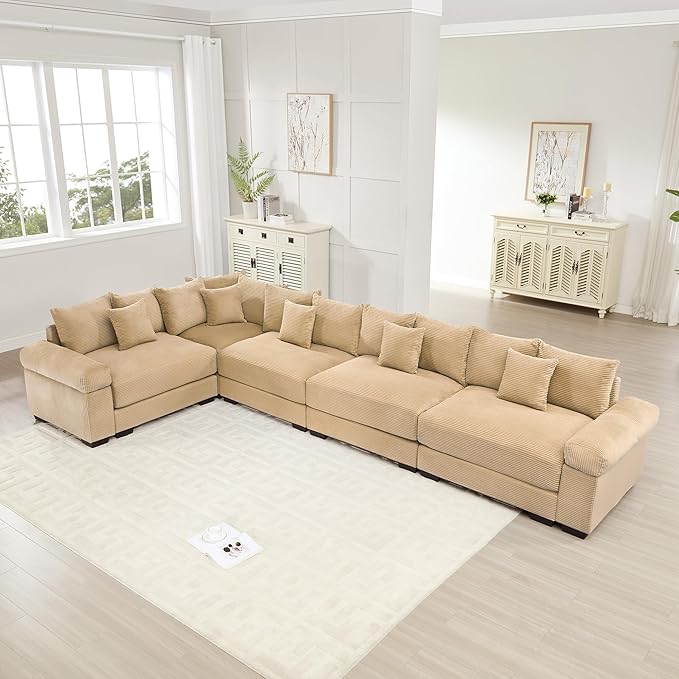 KEIKI 146" L-Shaped Oversized Corduroy Modular Cloud Sectional Sofa with High-Density Foam Cushion, Extra-Thick Armrest, Convertible 5-Seater Fluffy Corner Couch with 18 Pillow, for Living Room, Camel