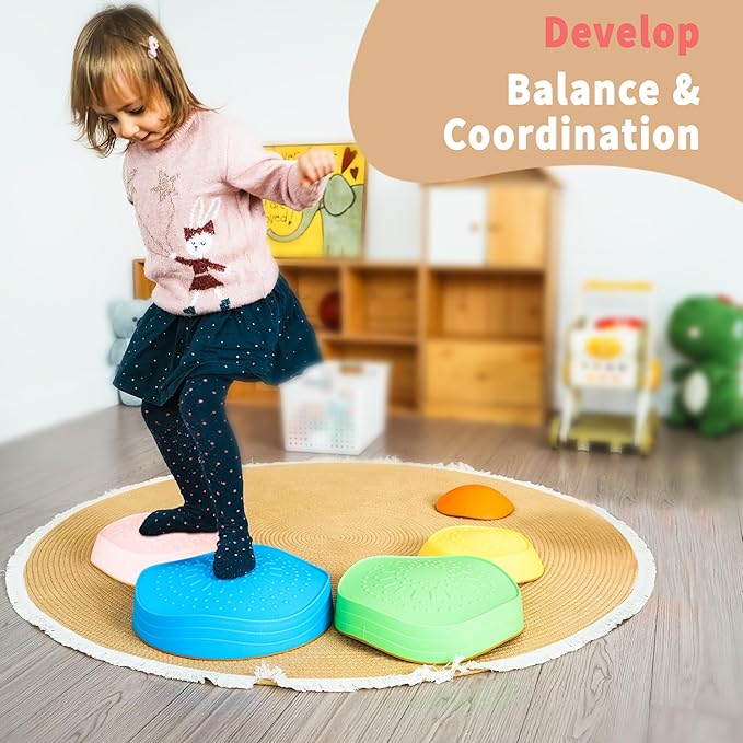 Oranmew Stepping Stones for Kids – Toddler Stepping Stones for Balance and Sensory Play, Non-Slip Indoor and Outdoor Balance Toys for Boys and Girls Age 3+, Stackable 5 Pcs Set