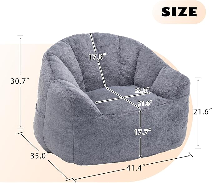 Bean Bag Chair, Bean Bag Couch for Adults and Kids, Comfy Shell-Shaped Chair with Filler Armrests Stuffed High-Density Foam Stuffed Sofa Lounge Floor Sofa for Bedroom,Gaming, Reading,Gray