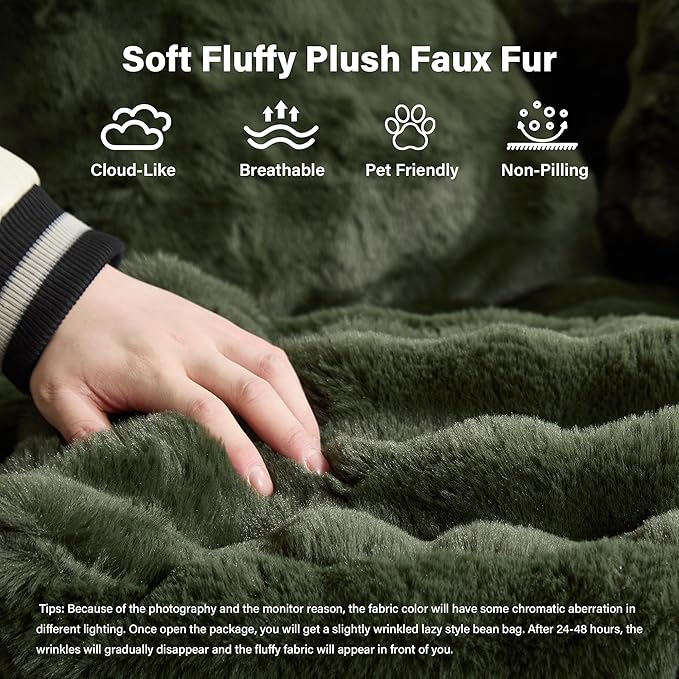 Oversized Chaise Lounge Chair Indoor with Ottoman 55" W x 75" L Round Reading Chair Plush Faux Fur Corduroy Cloud Circle Boneless Chair with 5 Pillows for Living Room - Green