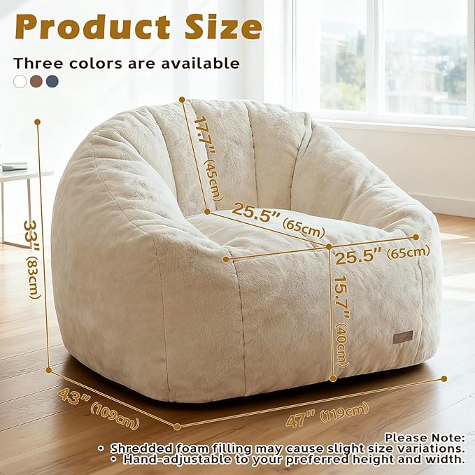 Big Bean Bag Chairs for Adults Giant Sofa with Faux Fur Shell-Shaped Beanbag Couch, Stuffed Large Bean Bag Floor Chair for Living Room, Beanbags Reading Chair for Bedroom Single Sofa(XL-White)