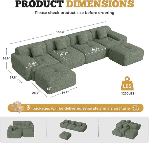 158" Modern U Shaped Modular Sectional Sofa, Boneless Couches for Living Room with Ottoman,6 Seater Convertible Chenille Cloud Couch Sofa Set, No Assembly Required, Green 1 PCS