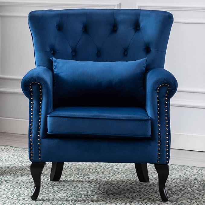 Janoray Mid Century Modern Accent Chair Upholstered Armchair Comfy Velvet Fabric Single Sofa with Tufted Wingback for Small Spaces Bedroom Living Room, Blue