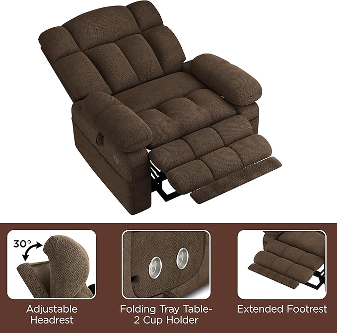 Dual Motor Power Lift Recliner Chair for Elderly with Adjustable Headrest,Extra Wide Recliner Chair with Massage,Lay Flat Recliner with Extended Footrest,Cup holder,Storebox,USB&Type-C Ports,Brown