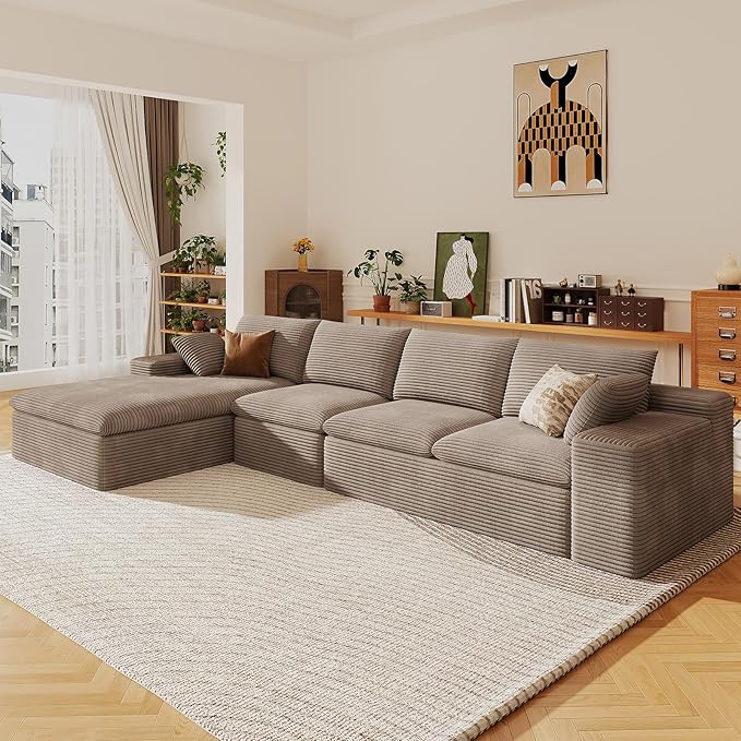136" Cloud Sectional Couch with L-Shape Chaise, Modern Corduroy Viral Boneless Sofa for Living Room,Memory Foam Couches in a Box with Deep Seat,No Assembly Required (Camel,Left-Facing Chaise)