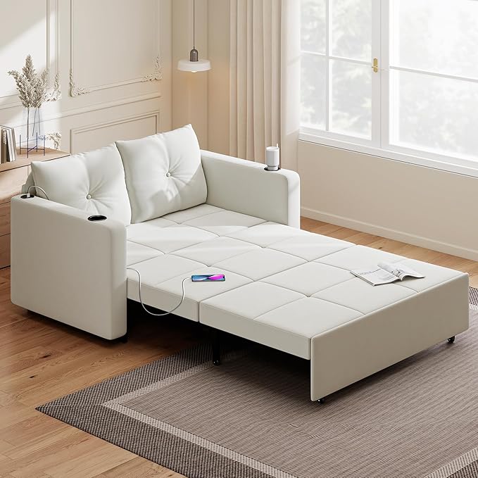 Krcix 3 in 1 Pull Out Couch, 56 Inch Velvet Sofa Bed, Convertible Loveseat Sleeper Sofa for Living Room, Small Space, Upholstered Couch Bed with USB, Cup Holder(Beige)