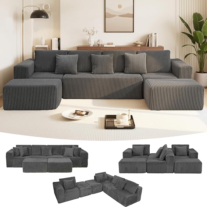 132" U Shaped Modular Sofa, 4-Seater Sectional Cloud Couch with Chaise, Soft Corduroy Boneless for Living Room, No Assembly Required, Free Configuration,Grey