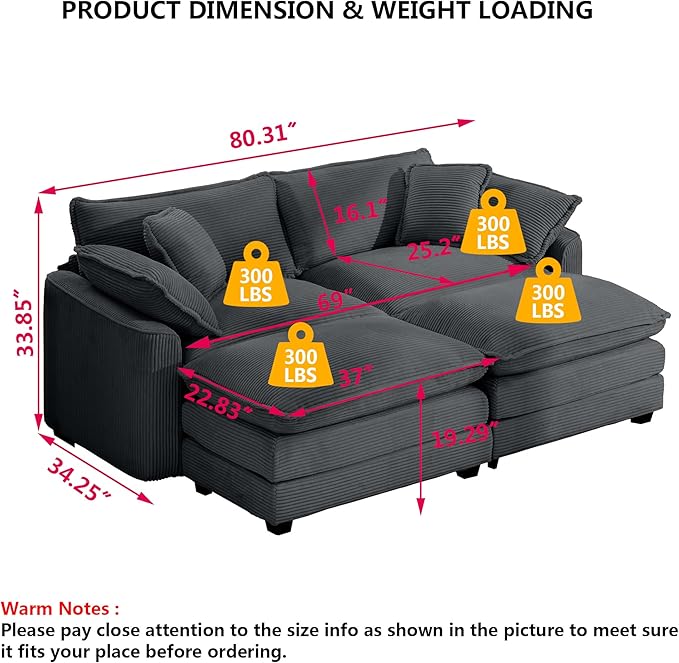 Aoowow Oversized Loveseat Couch with Ottomans,Modern Corduroy 2 Seater Cloud Couches for Living Room,Modular Sectional Cloud Sofas Deep Seat,Double Lounger Sleeper Sofa
