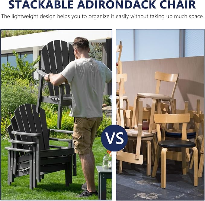 nevilywood Compact Stackable Adirondack Chairs Set of 4, 26.3" Wide HDPE Outdoor Patio Chairs - Durable, Space-Saving Design for Porch, Lawn or Garden, Grey