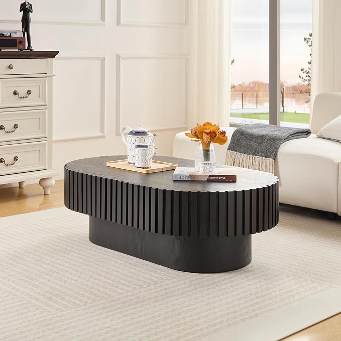 KEVINSPACE Oval Coffee Table 43.7" Wood CoffeeTable for Living Room Drum ModernCoffeeTable TeaTable Wooden Coffee Tables PedestalCoffeeTable Home Furniture Office Apartment Black
