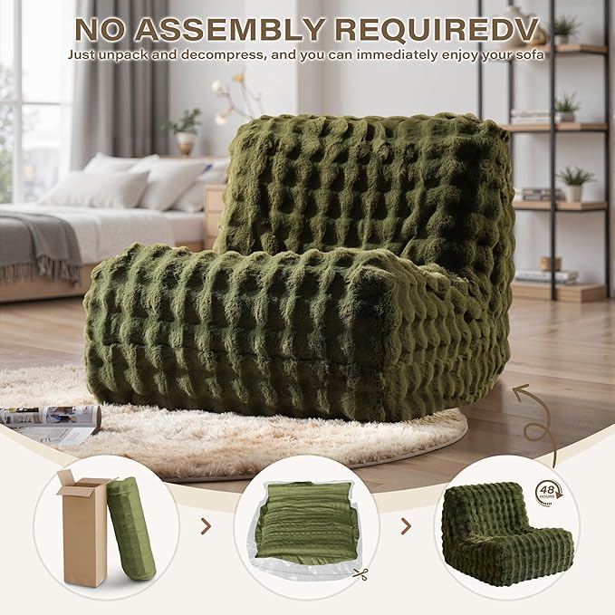 Green Bean Bag Chairs for Adults,Comfy Small Bean Bag Sofa with Back Support,Memory Foam Bean Bag Chair for Kids,Faux Fur Fireside Beanbags Lazy Sofa for Bedroom,Dorm,Apartment,Living Room